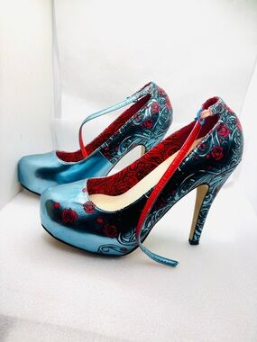 Iron Fist Siren turquoise metallic platform heels red rose tattoo-style  Sz 8
